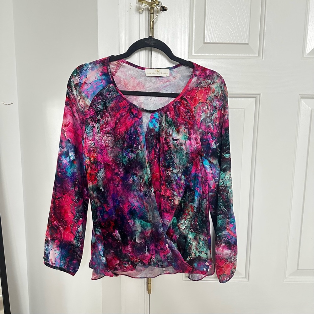 Amanda Uprichard Vibrant Pink Multi Abstract Wrap Blouse